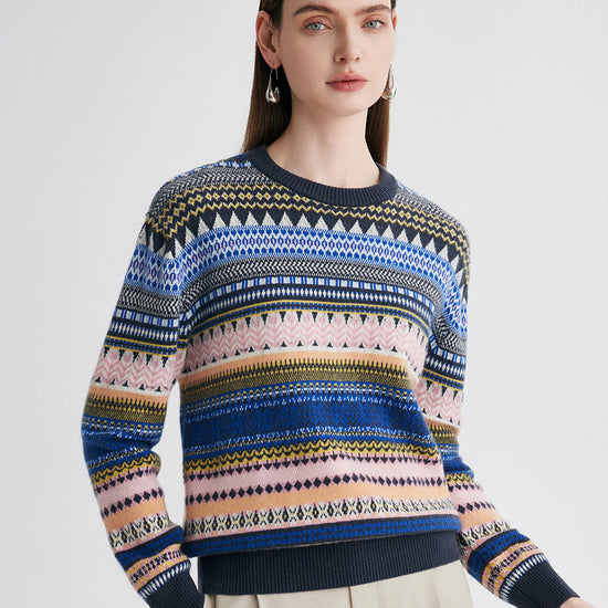 COMOBOCA Navy Blue 100% Cashmere Women's Fair Isle Round Neck Sweater