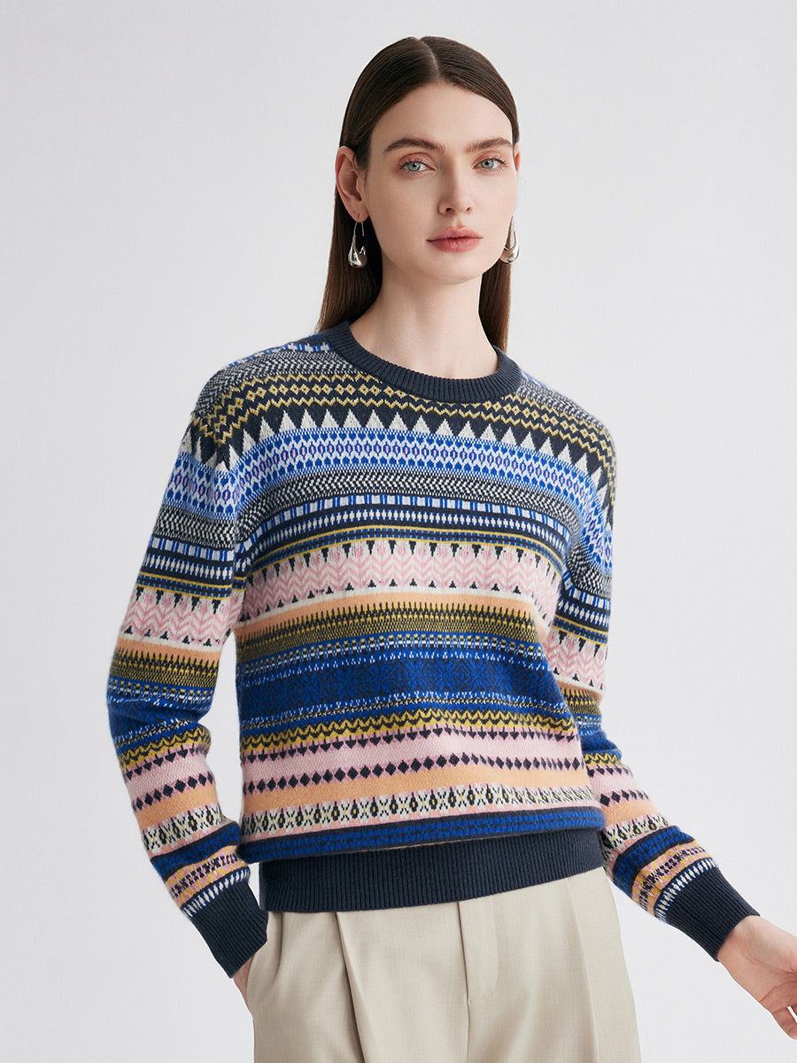 COMOBOCA Navy Blue 100% Cashmere Women's Fair Isle Round Neck Sweater