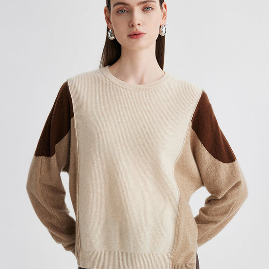 COMOBOCA Beige 100% Cashmere Women's Color Block Round Neck Knit Sweater