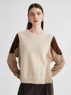 COMOBOCA Beige 100% Cashmere Women's Color Block Round Neck Knit Sweater