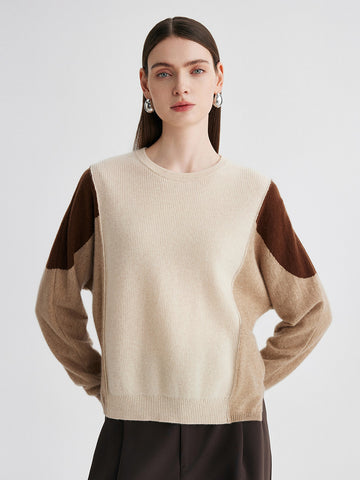 COMOBOCA Beige 100% Cashmere Women's Color Block Round Neck Knit Sweater