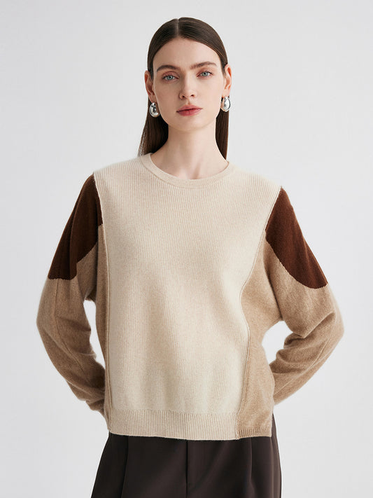 COMOBOCA Beige 100% Cashmere Women's Color Block Round Neck Knit Sweater