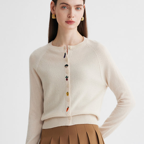 COMOBOCA Beige 100% Cashmere Women's Embroidered Button-Front Cardigan