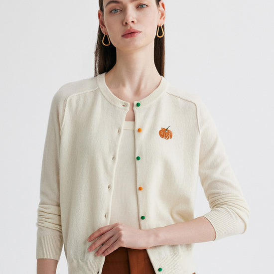 COMOBOCA 100% Cashmere Women's Pumpkin Embroidery Knit Cardigan