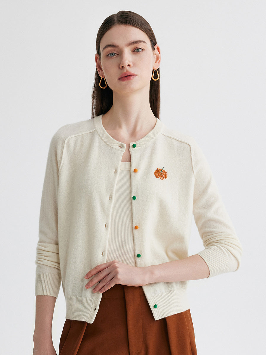 COMOBOCA 100% Cashmere Women's Pumpkin Embroidery Knit Cardigan