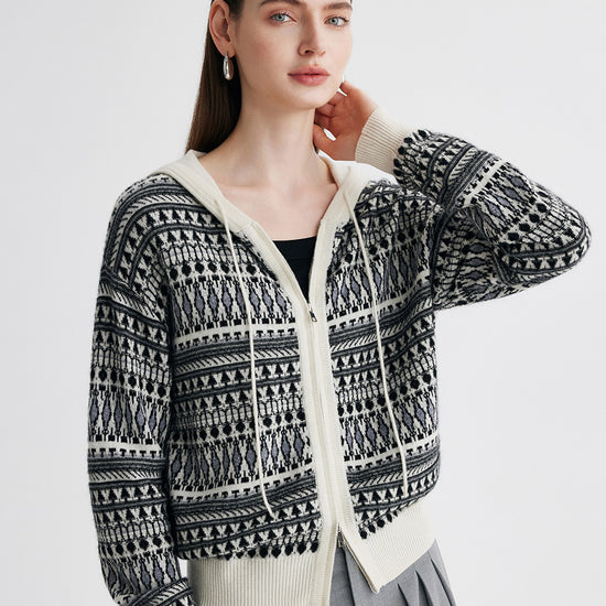 COMOBOCA 100% Cashmere Women's Fair Isle Double Zip Hoodie