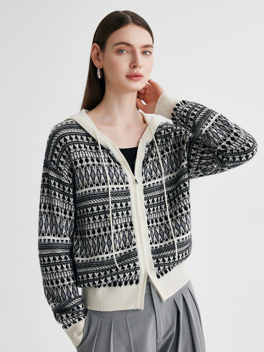 COMOBOCA 100% Cashmere Women's Fair Isle Double Zip Hoodie