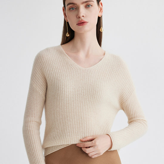 COMOBOCA Beige 100% Cashmere Women's Ribbed V-Neck Knit Sweater