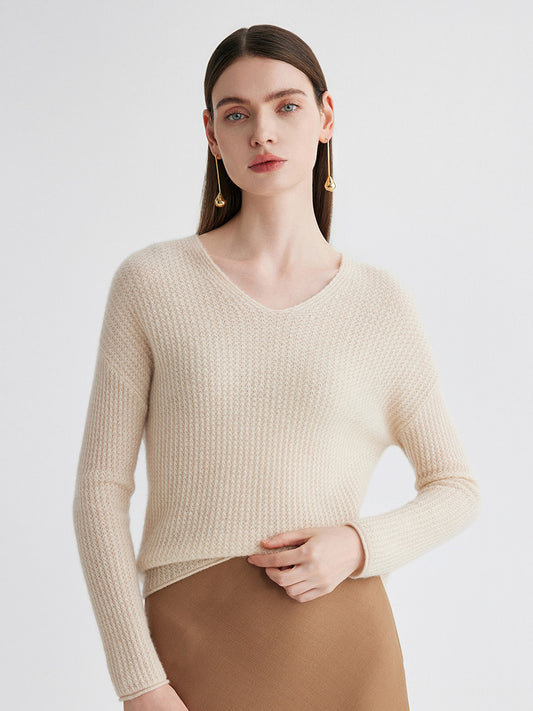 COMOBOCA Beige 100% Cashmere Women's Ribbed V-Neck Knit Sweater