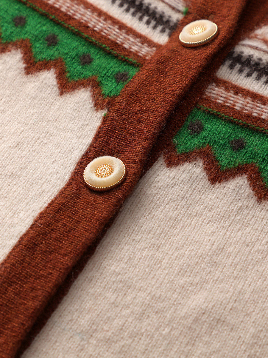 COMOBOCA 100% Cashmere Women's Vintage Inspired Geometric Knit Cardigan