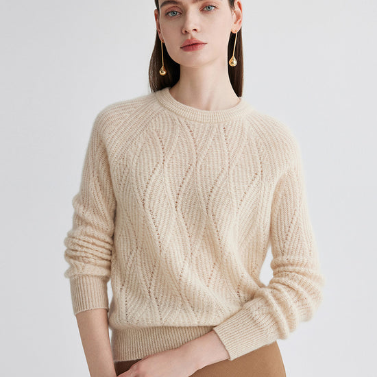 COMOBOCA Beige 100% Cashmere Women's Cable Knit Sweater