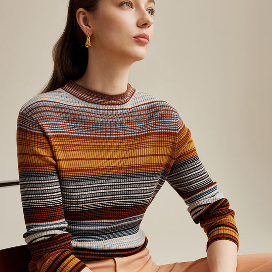COMOBOCA 100% Wool Women's Multicolor Striped Knit Sweater