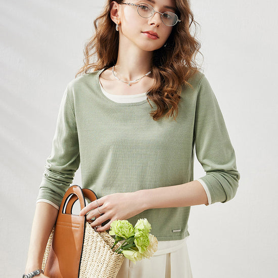 COMOBOCA Light Green Women's Layered Round Neck Knit Sweater