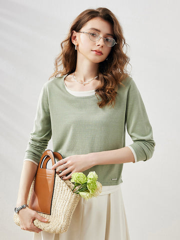 COMOBOCA Light Green Women's Layered Round Neck Knit Sweater