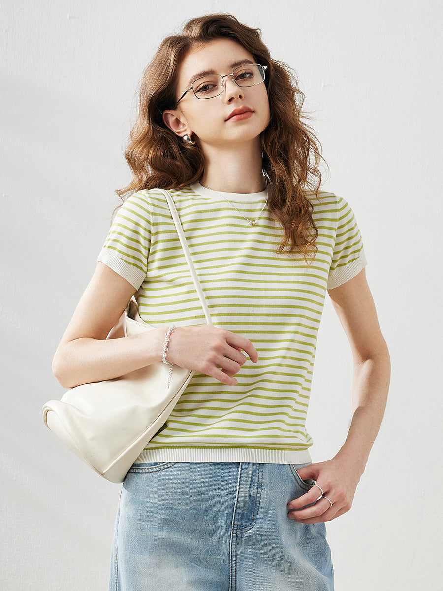 COMOBOCA Bright Green Women's Striped Button Back T-Shirt