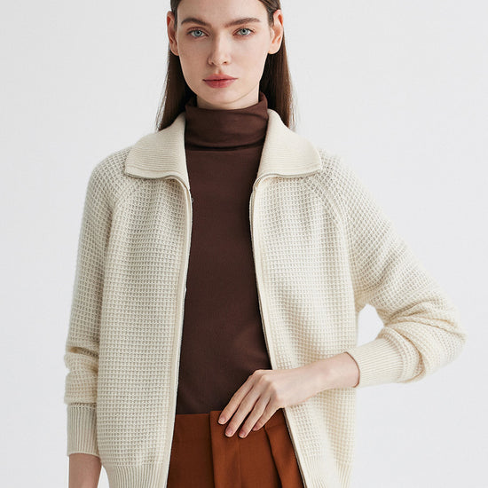 COMOBOCA Beige 100% Cashmere Women's Double Zip Knit Cardigan