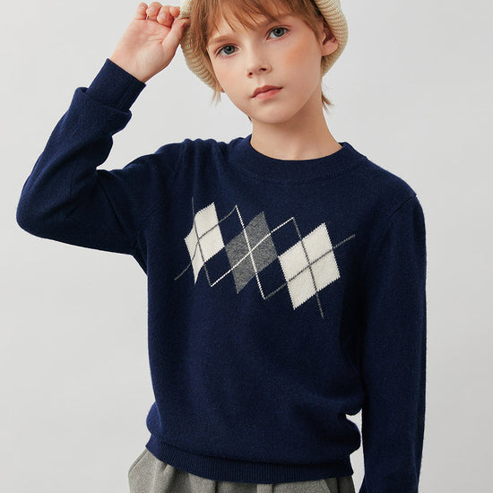 COMOBOCA Navy 100% Wool Kids' Argyle Pattern Round Neck Sweater