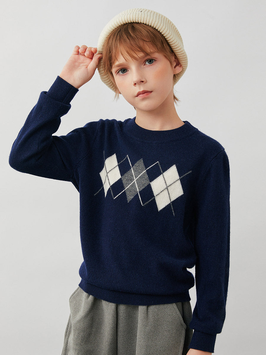 COMOBOCA Navy 100% Wool Kids' Argyle Pattern Round Neck Sweater