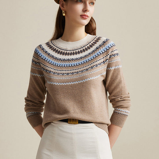 COMOBOCA Coffee Camel 100% Wool Women's Fair Isle Sweater
