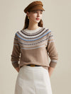 COMOBOCA Coffee Camel 100% Wool Women's Fair Isle Sweater