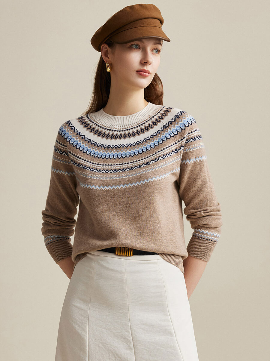 COMOBOCA Coffee Camel 100% Wool Women's Fair Isle Sweater