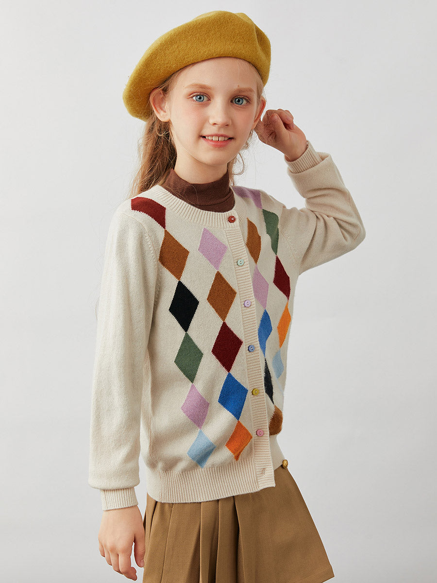 COMOBOCA 100% Wool Kids' Colorful Buttons Argyle Cardigan