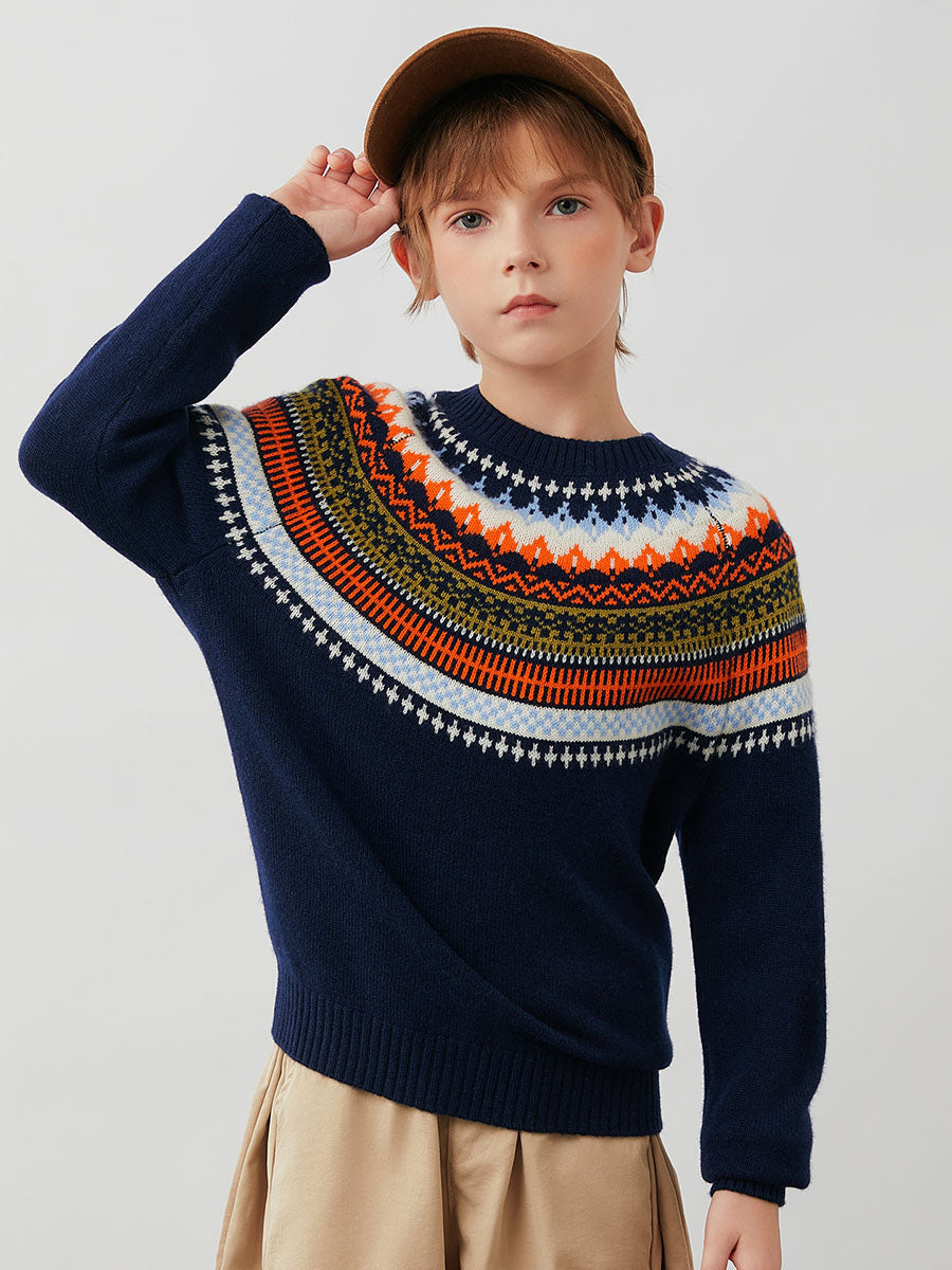 COMOBOCA 100% Wool Kids' Fair Isle Round Neck Sweater