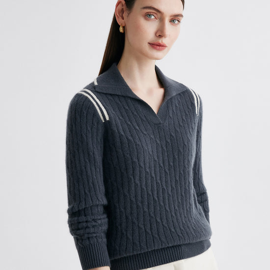 COMOBOCA 100% Cashmere Women's Cable Knit Polo Neck Sweater