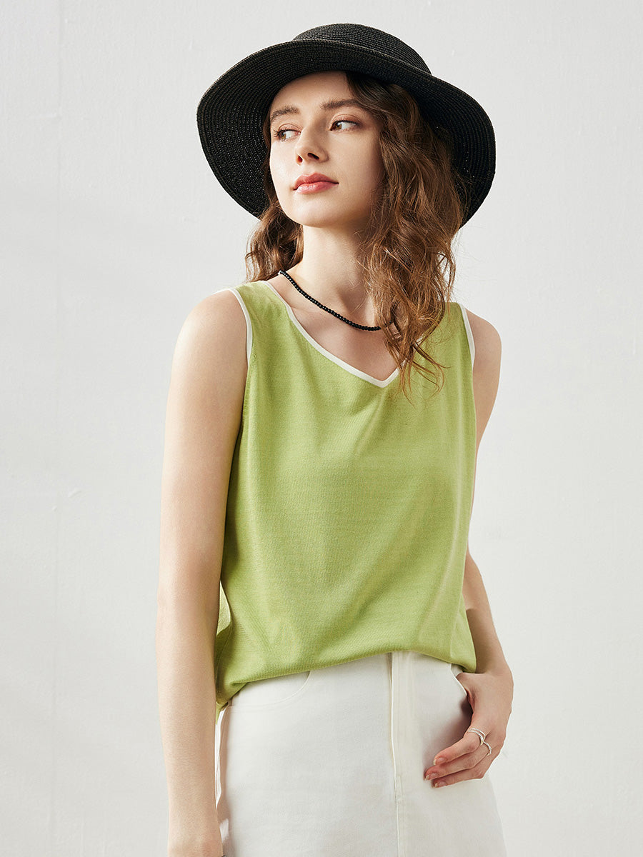 COMOBOCA Bright Green Women's V-Neck Contrast Trim Tank Top
