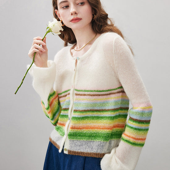 COMOBOCA Women's Rainbow Striped Button Down Cardigan