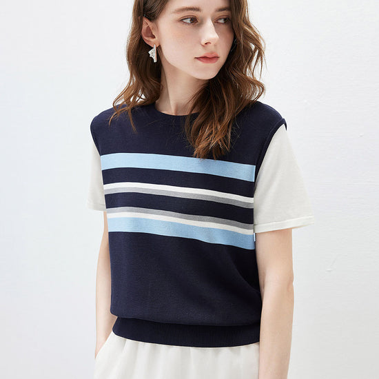COMOBOCA Women's Striped Layered Knit T-Shirt