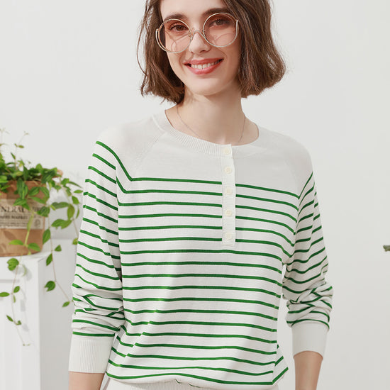 COMOBOCA Green Women's Striped Henley T-Shirt Sweater