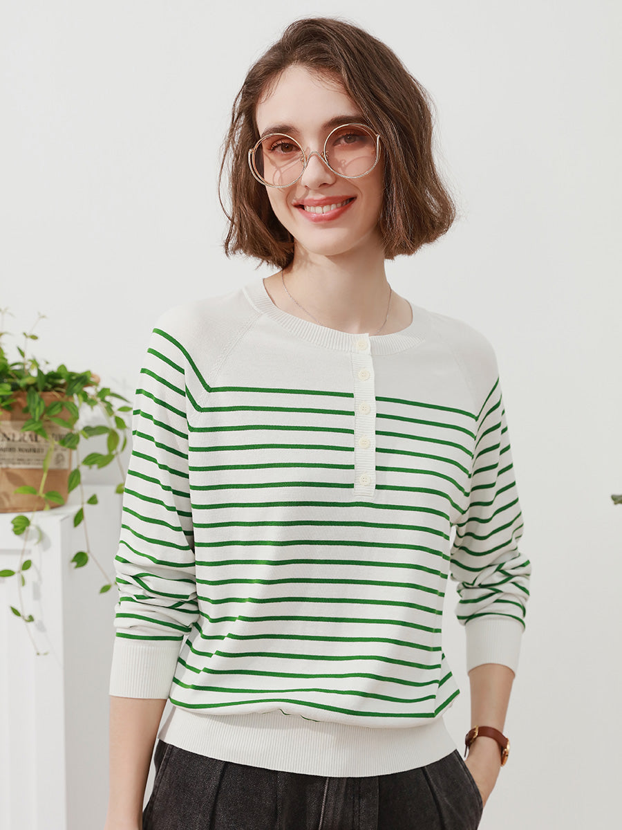 COMOBOCA Green Women's Striped Henley T-Shirt Sweater