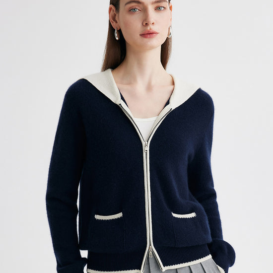 COMOBOCA Navy Blue 100% Cashmere Women's Contrast Collar Double Zip Cardigan