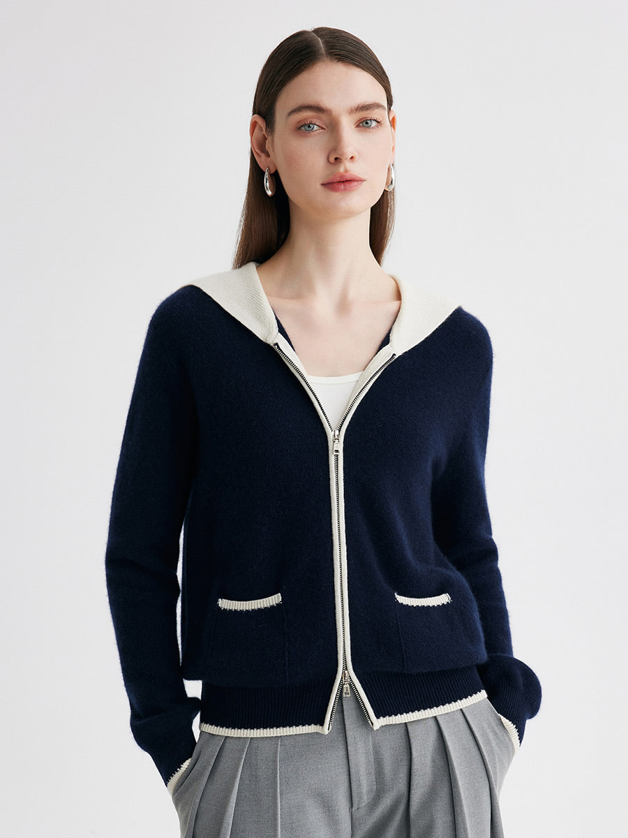 COMOBOCA Navy Blue 100% Cashmere Women's Contrast Collar Double Zip Cardigan