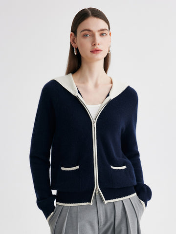 COMOBOCA Navy Blue 100% Cashmere Women's Contrast Collar Double Zip Cardigan