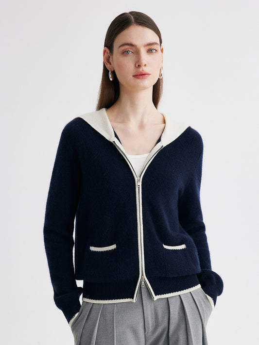 COMOBOCA Navy Blue 100% Cashmere Women's Contrast Collar Double Zip Cardigan