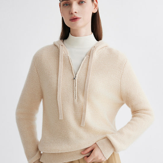 COMOBOCA Beige 100% Cashmere Women's Half Zip Hoodie