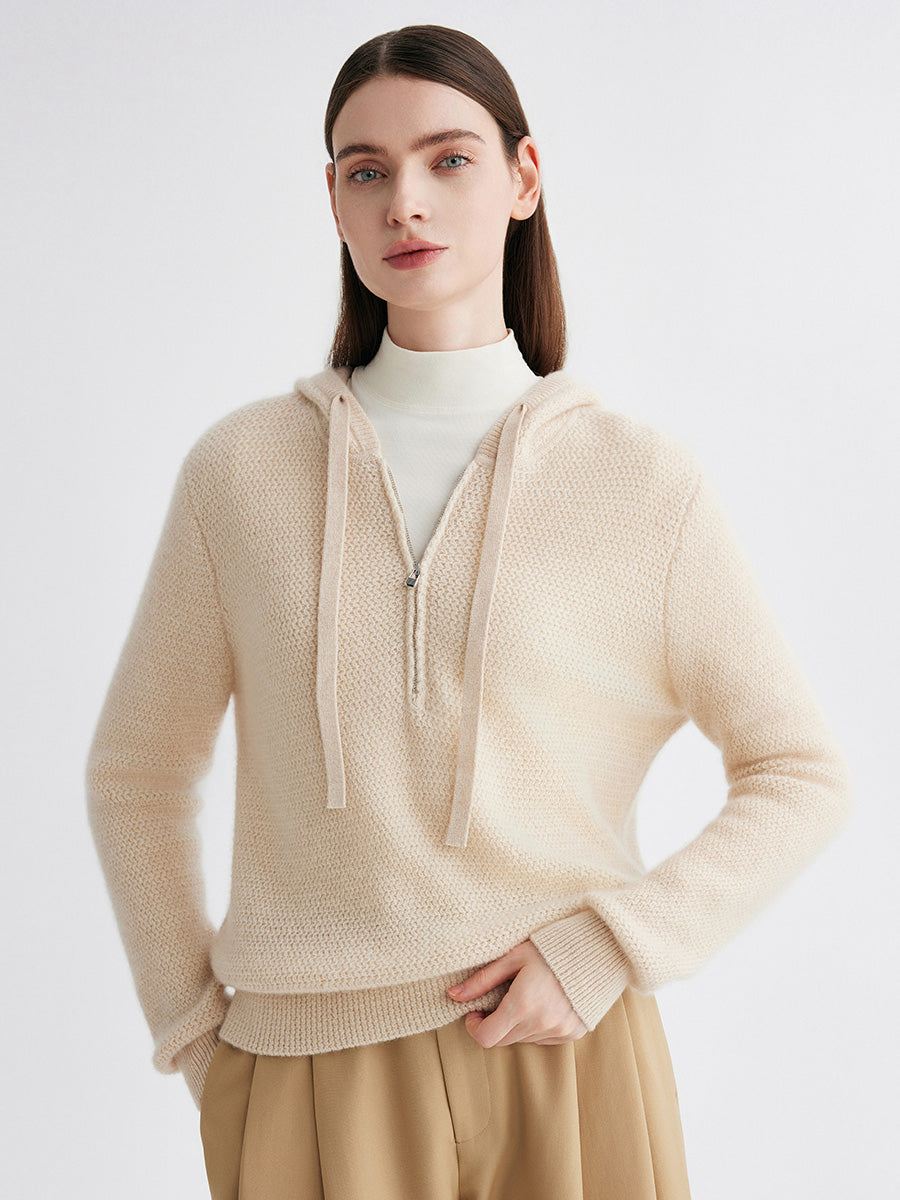 COMOBOCA Beige 100% Cashmere Women's Half Zip Hoodie