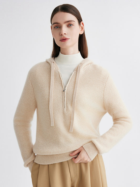 COMOBOCA Beige 100% Cashmere Women's Half Zip Hoodie