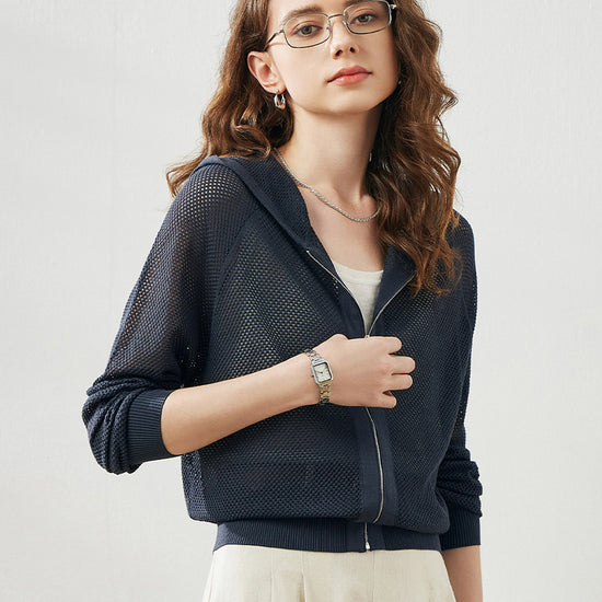 COMOBOCA Women's Ribbed Mesh Zip-Up Hoodie