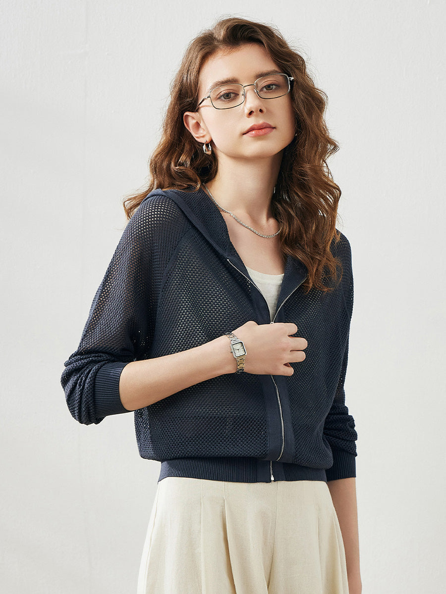 COMOBOCA Women's Ribbed Mesh Zip-Up Hoodie