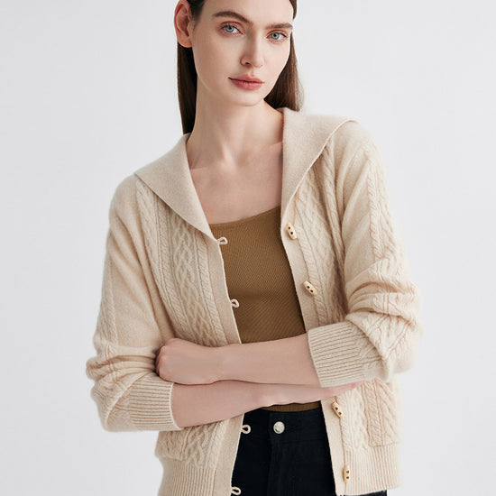 COMOBOCA 100% Cashmere Women's Sailor Collar Cable Knit Cardigan