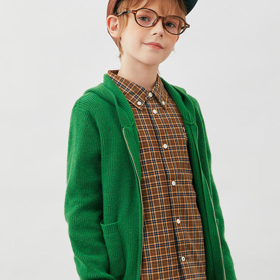 COMOBOCA 100% Wool Kids' Ribbed Zip Up Hooded Cardigan