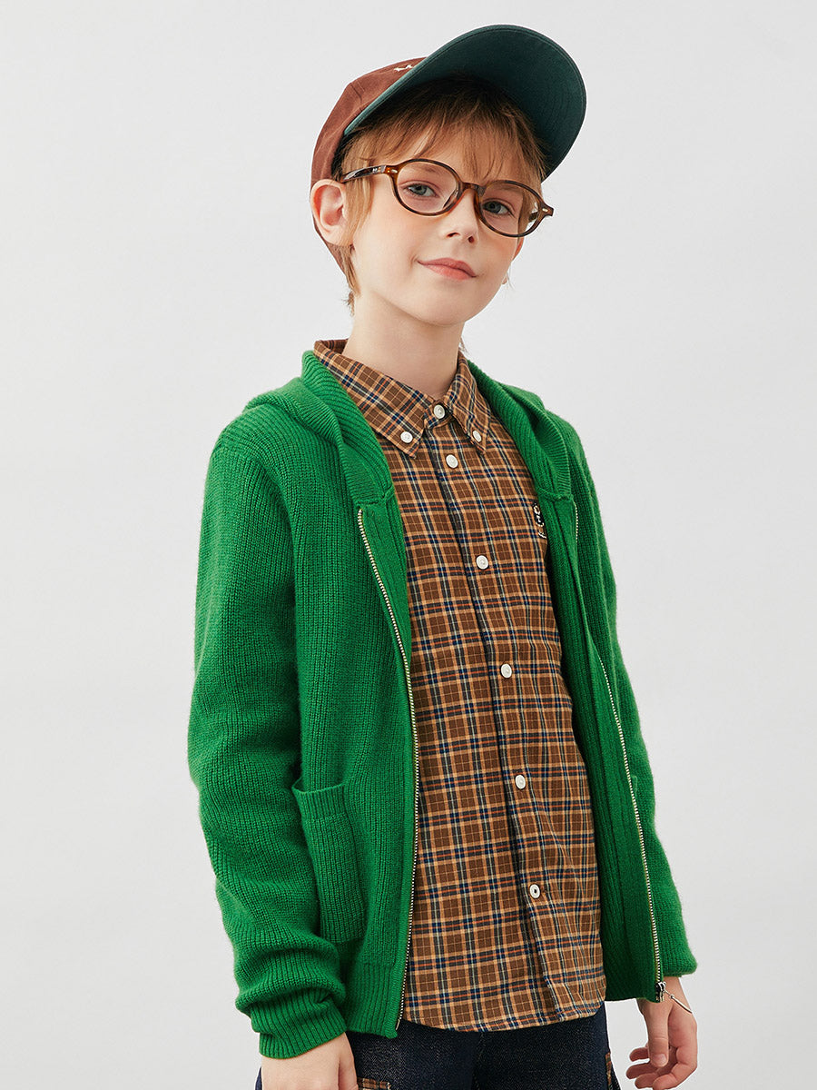 COMOBOCA 100% Wool Kids' Ribbed Zip Up Hooded Cardigan