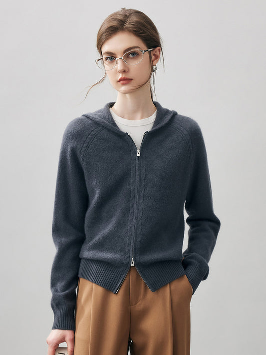 COMOBOCA Charcoal 100% Cashmere Women's Double Zip Hoodie