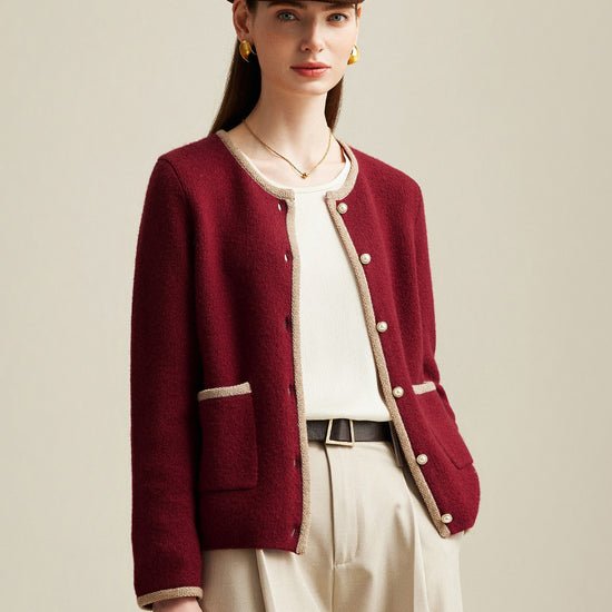 COMOBOCA Red 100% Cashmere Women's Two-Tone Buttoned Cardigan