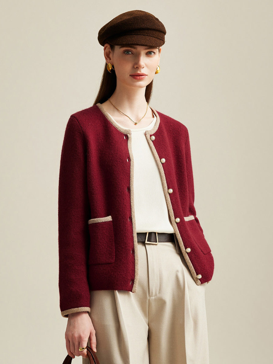 COMOBOCA Red 100% Cashmere Women's Two-Tone Buttoned Cardigan