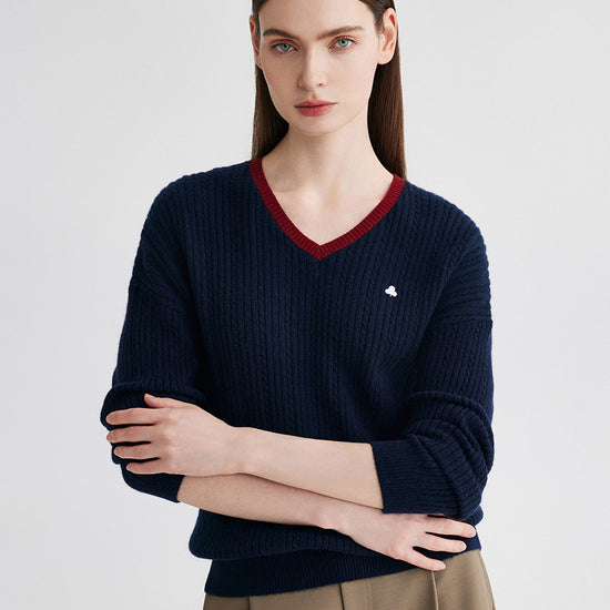 COMOBOCA 100% Cashmere Women's V-Neck Cable Knit Sweater