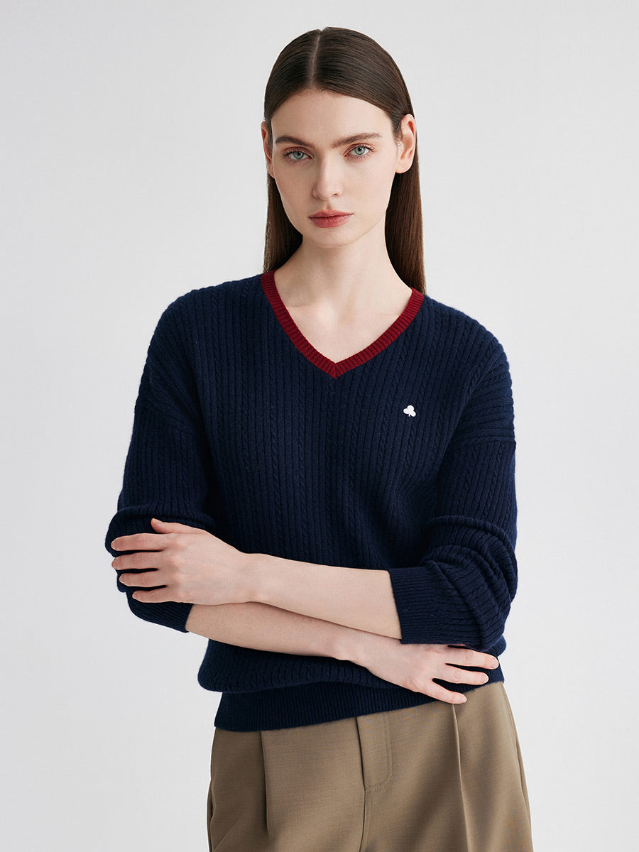 COMOBOCA 100% Cashmere Women's V-Neck Cable Knit Sweater